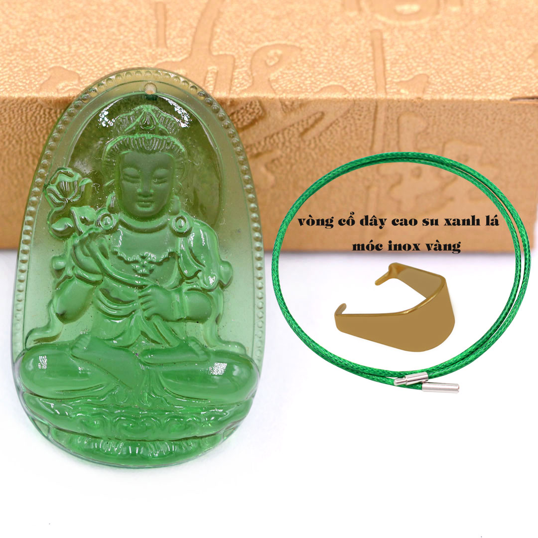 Mặt Phật Đại thế chí thuỷ tinh xanh lá 3.6 cm kèm móc và vòng cổ dây cao su xanh lá, Mặt Phật bản mệnh