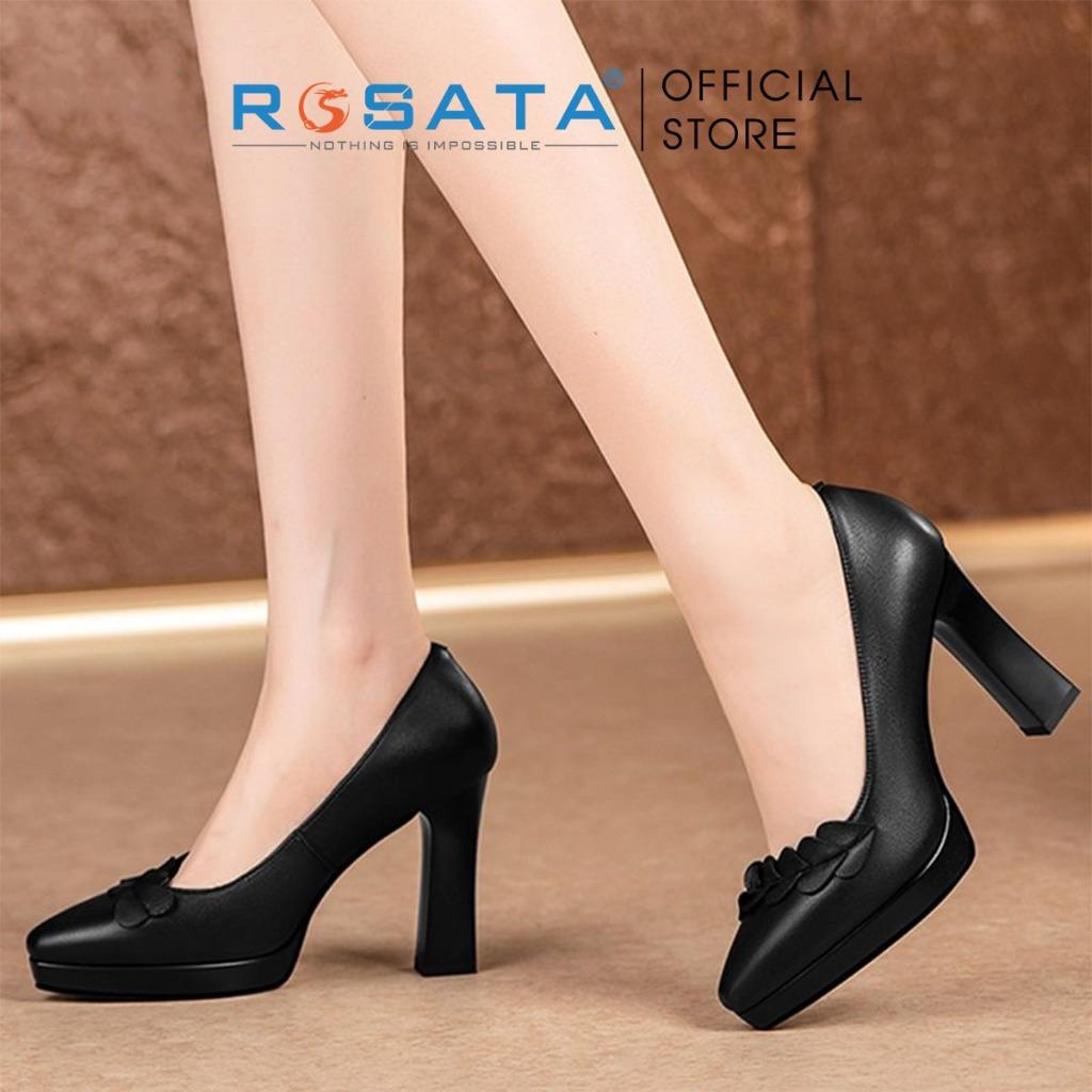 Giày cao gót đế vuông 8 phân mũi nhọn công sở nữ phối họa tiết ROSATA RO441 ( Bảo Hành 12 Tháng ) - ĐEN