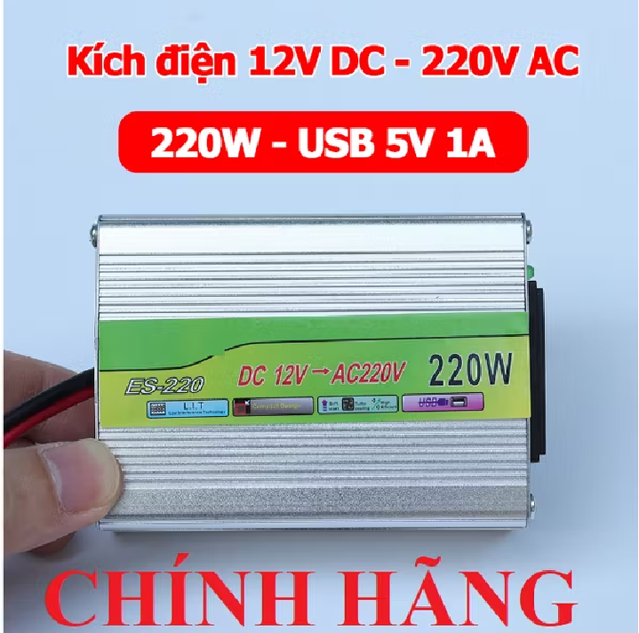 Kích điện mini từ 12V lên 220V - 220W sử dụng liên tục dưới 100W dùng quạt gió sạc điện thoại bóng đèn