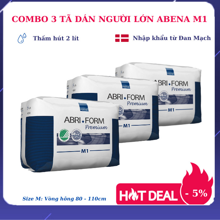 Combo 3 bịch tã dán người lớn Abena Abri Form Premium M1 - Nhập khẩu Đan Mạch (Gói 10 miếng)