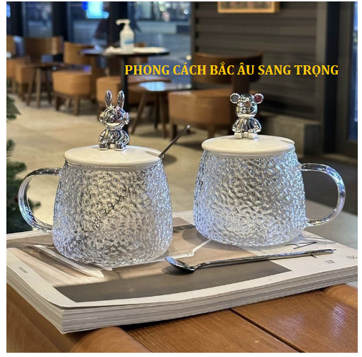 Cốc Thuỷ Tinh Nắp Gấu Bear Kèm Thìa Trong Suốt Xinh Xắn, Ly Thủy Tinh Con Gấu 420ml GD750-LyBrick