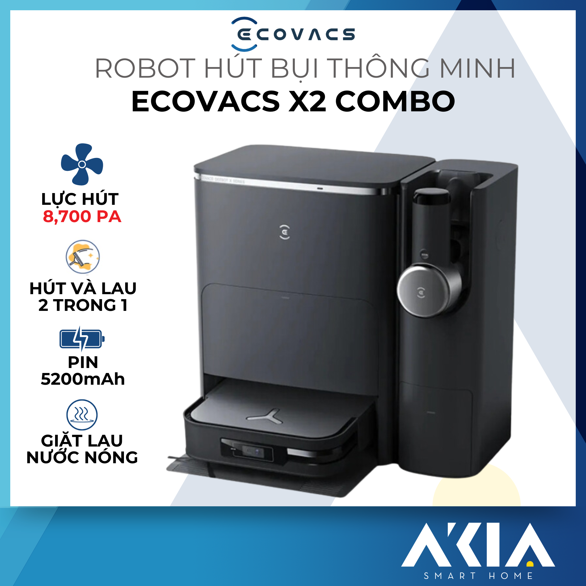 Robot hút bụi lau nhà kèm máy hút bụi cầm tay Ecovacs X2 Combo - Lực hút 8700Pa, Giặt giẻ nước nóng - HÀNG CHÍNH HÃNG