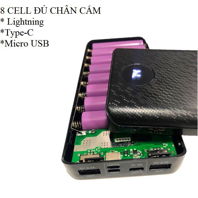 Box sạc dự phòng 8 Cell 3 đầu vào Lightning/type c/micro có LCD hiển thị dùng pin 18650, mạch sạc dự phòng