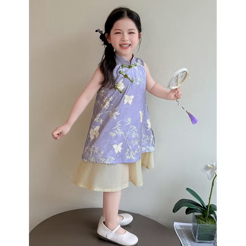 Váy Cách Tân Cổ Tàu Dáng Suông Họa Tiết Bướm Tím 1-8 Tuổi Dành Cho Bé Gái