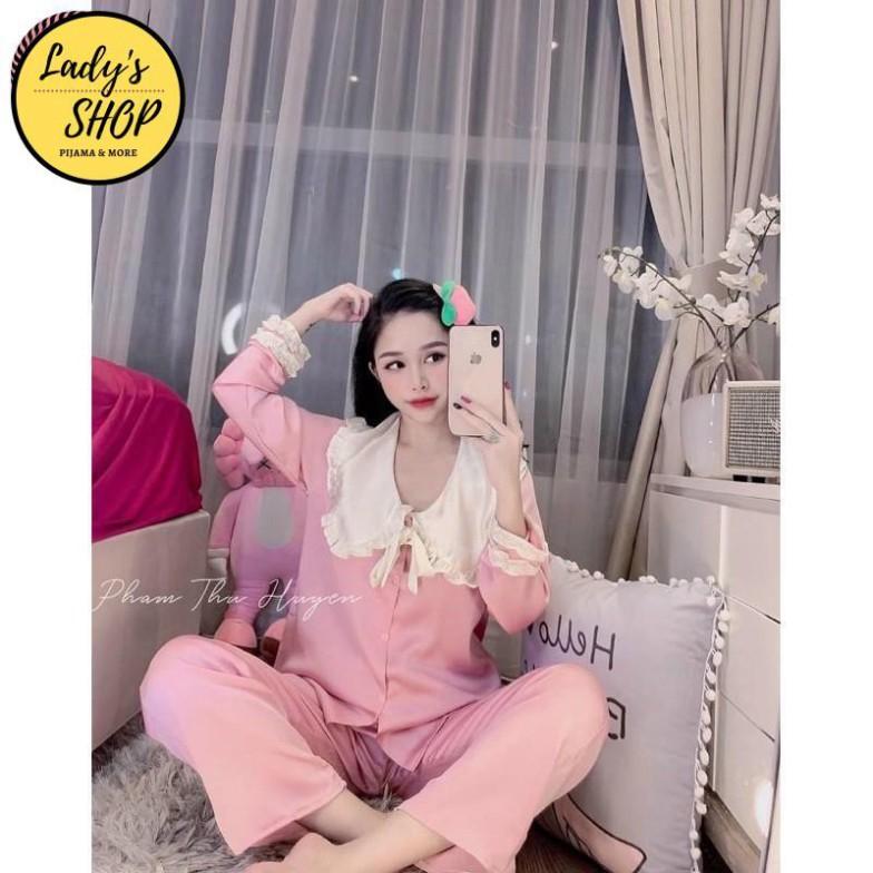 Freeship Bộ lụa Pijama - Bộ Lụa Tay Dài Tiểu Thư Cổ Phối Bèo Nơ