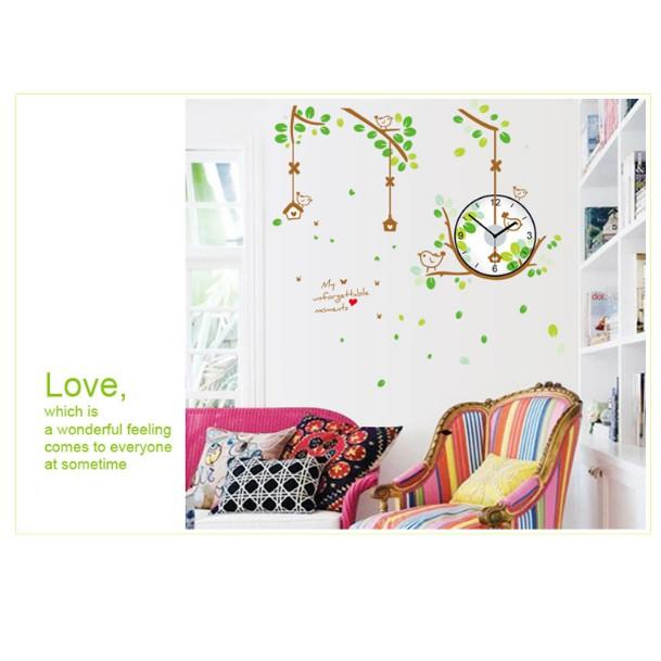 Decal Trang Trí Tường Kèm Đồng Hồ Dán Tường Cành Cây Con Chim Xanh
