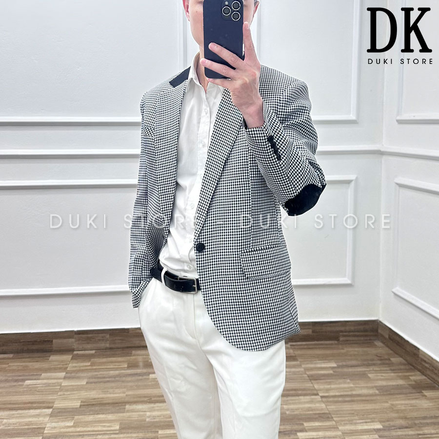 Áo vest nam, áo blazer nam 1 cúc Hàn Quốc kẻ caro đen trắng sang trọng BDK0008 - DUKI STORE