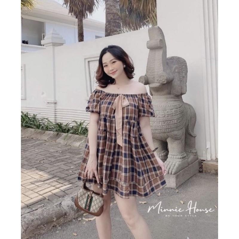 Váy kẻ nơ ngực mặc 2 kiểu TTB466