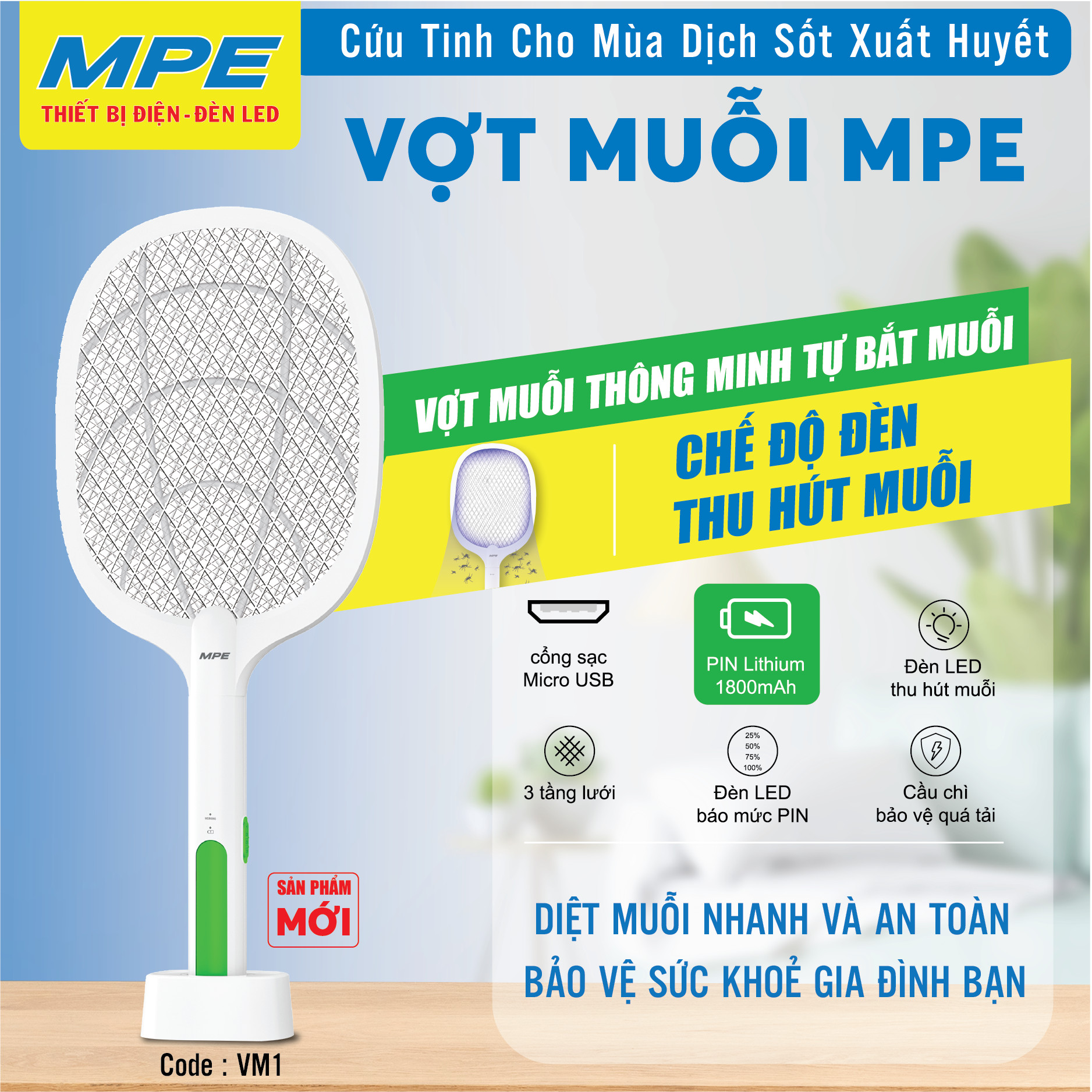 Vợt muỗi MPE VM1 thông minh 2 in 1 tích hợp chức năng tự động bắt muỗi, cổng sạc USB, có đèn led báo - Hàng chính hãng