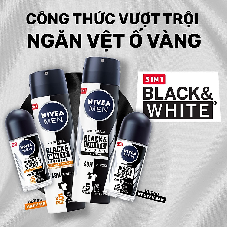 Lăn Ngăn Mùi NIVEA MEN Black&amp;White Ngăn Vệt Ố Vàng Vượt Trội - Hương Mạnh Mẽ (50 ml) - 85392