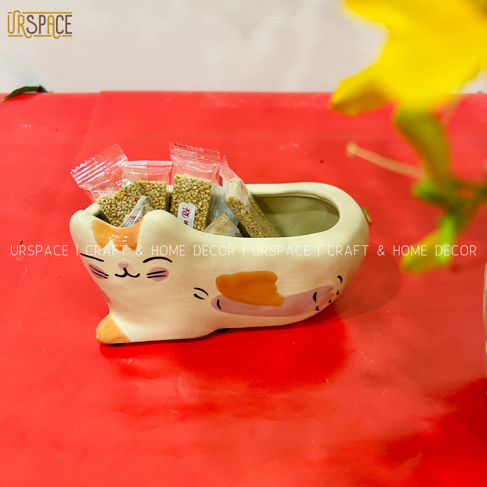 Chậu gốm trồng cây để bàn URSPACE trang trí decor hình mèo dễ thương
