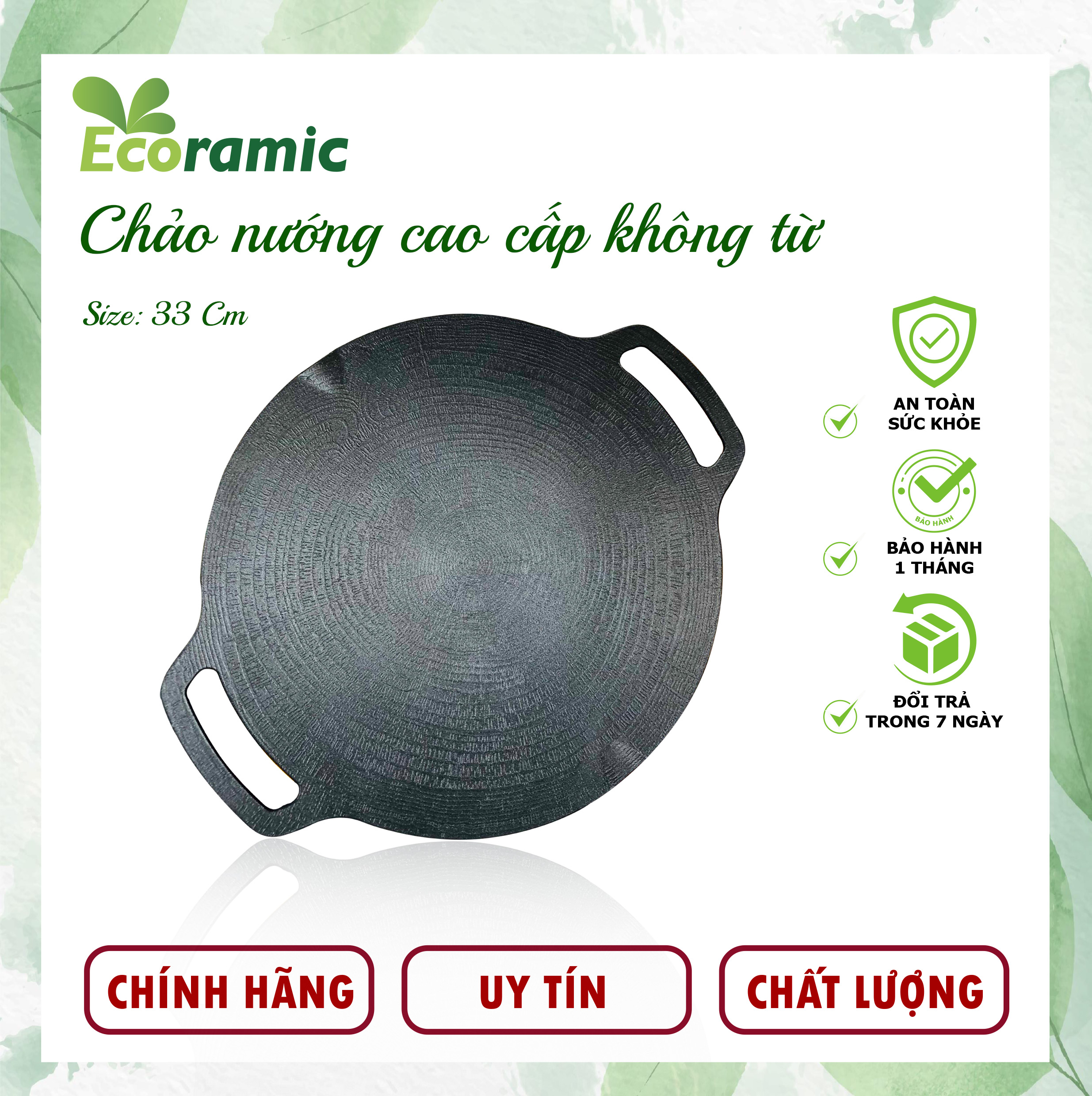 Chảo Đá Nướng Chống Dính Ecoramic Chính Hãng Cao Cấp, Siêu bền size 33cm, Dùng cho mọi loại bếp trừ bếp từ, Bảo hành chính hãng 2 tháng