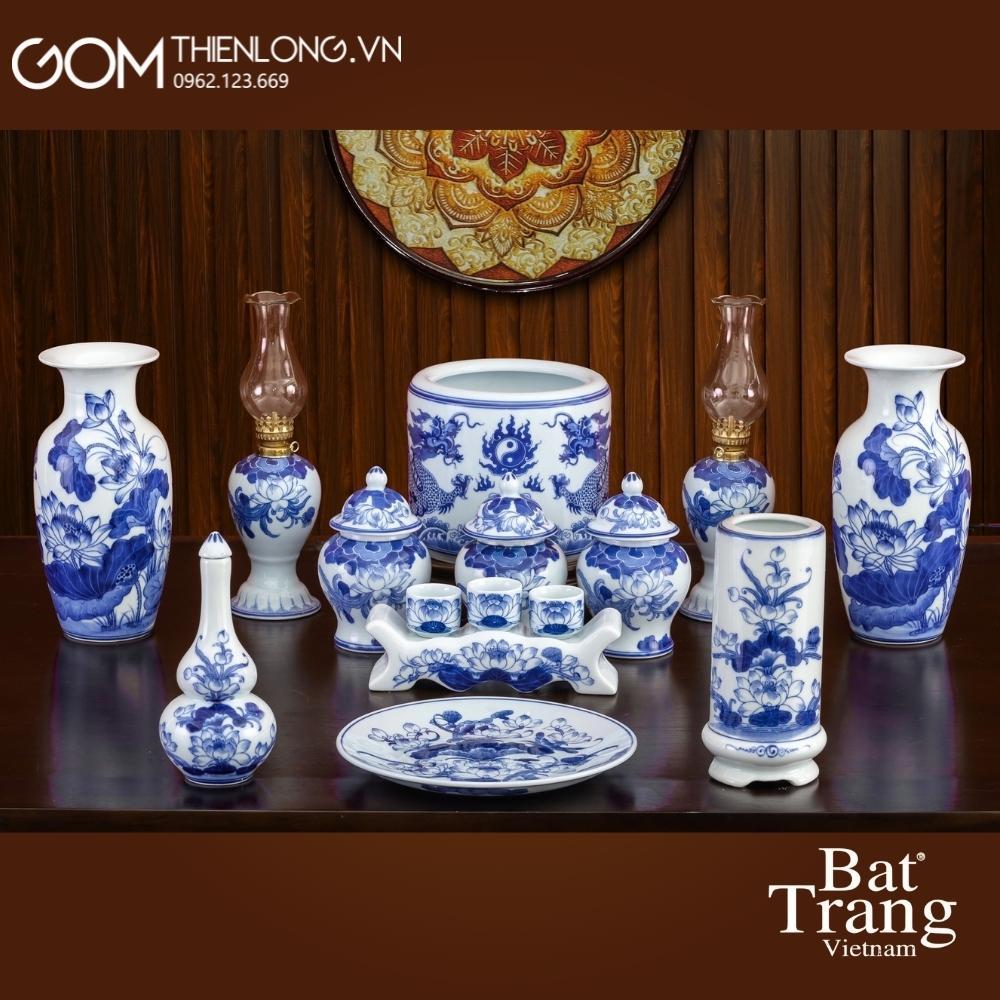 Bộ Đồ Thờ Gia Tiên Xanh Lam Ngọc Cao Cấp - Đồ Thờ Cúng Bát Tràng - Gốm Thiên Long