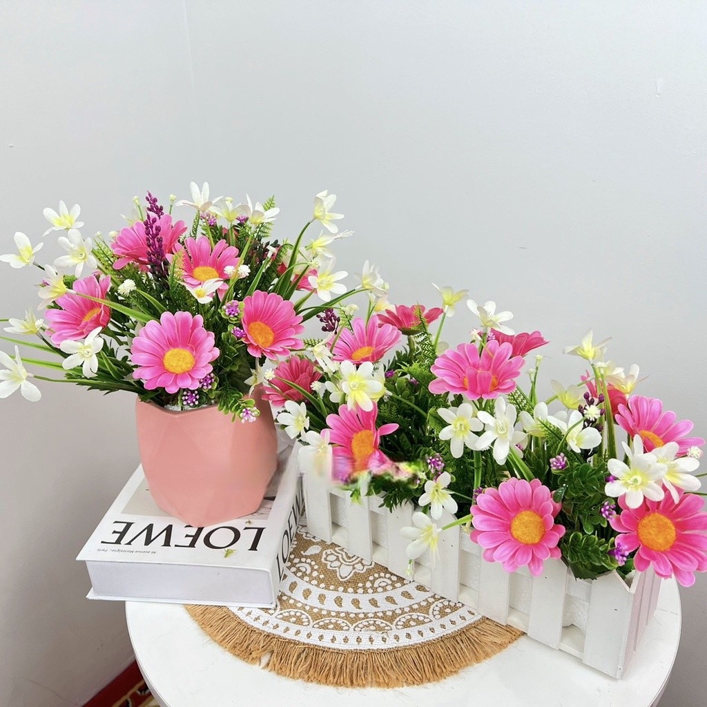 Chậu hoa đồng tiền nhân tạo để bàn làm việc - Cây giả, hoa lụa Decor trang trí nhà cửa - Tím