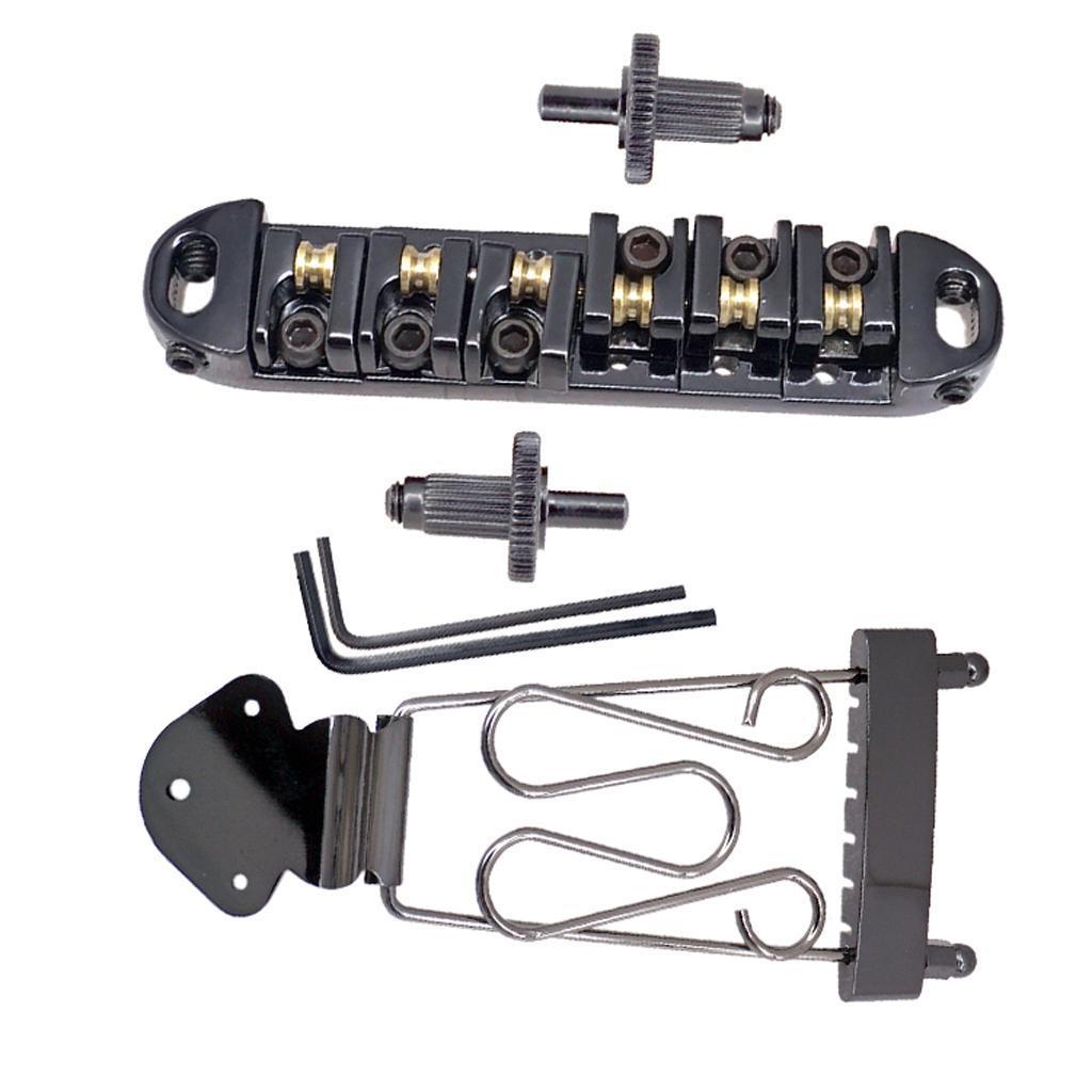6 String Guitar Trapeze Tailpiece Bridge with Roller Saddle Bridge, Lock Posts and Wrench for Jazz Archtop Guitar