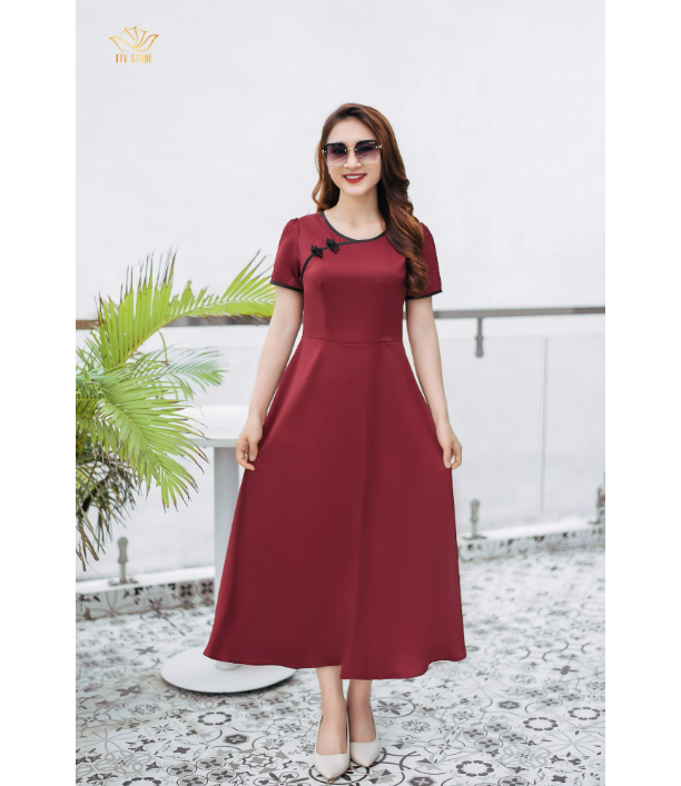 Maxi thời trang trung niên thiết kế Cổ tròn tay ngắn TTV Store TTV1177 Đỏ đô sang trọng