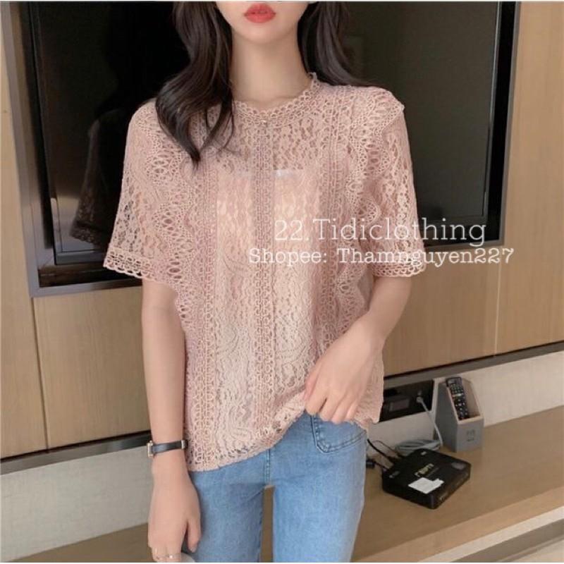 Áo sơ mi kiểu ren cổ tròn có lót trong, áo sơ mi bigsize