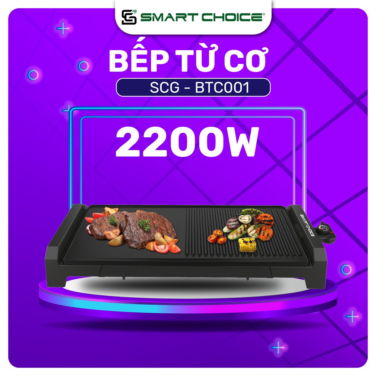 Bếp Nướng Điện SMARTCHOICE SCG-ND003 1800W 55cm Chống Dính Kháng Khuẩn, Nóng Nhanh, Khay Tháo Rời