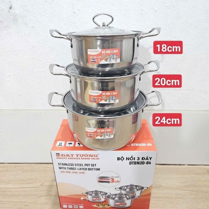 Bộ Nồi Inox 3 Đấy Dùng Cho Mọi Loại Bếp Nắp Kính Cường Lực