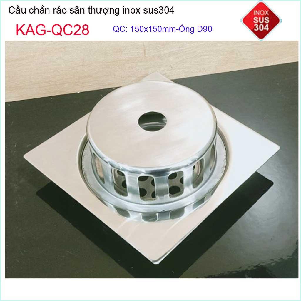 Cầu chắn rác đế vuông 15x15cm D90 KAG-QC28, thoát nước sân thượng SUS304 ống 9cm thoát nhanh chắn rác tốt