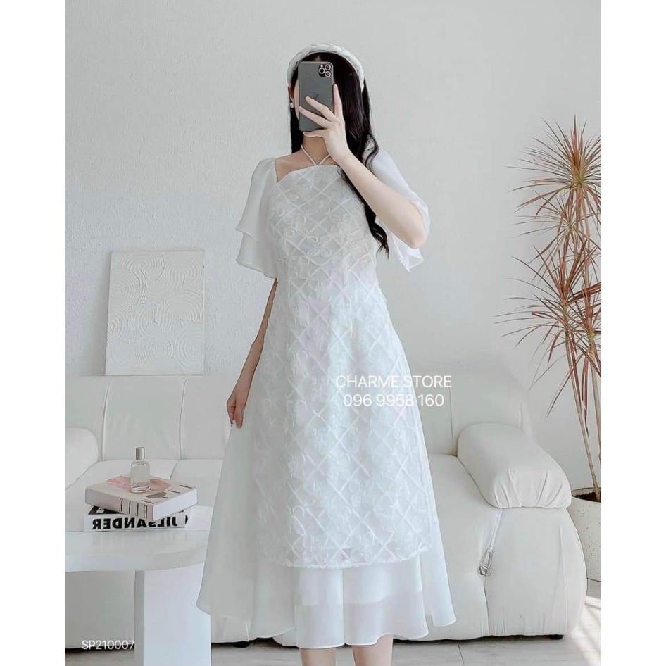 Set bộ áo dài trắng ren hoa rớt vai tay voan tiên chân váy voan đi chùa chơi tết