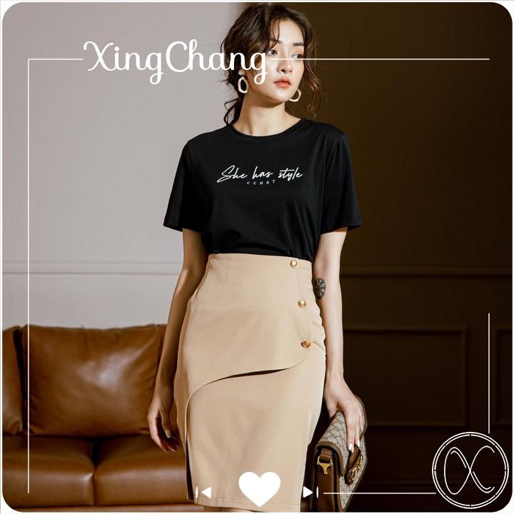 Áo phông công sở cổ tròn, áo thun tay ngắn cao cấp XingChang nữ tính in Style mã NXC39