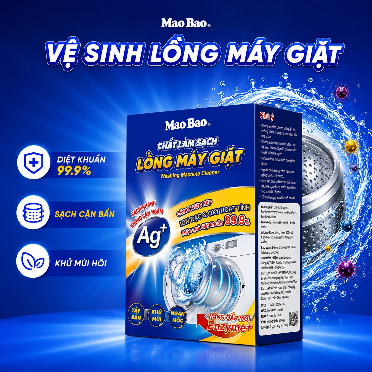 Chất Làm Sạch Lồng Giặt Mao Bao Ion Bạc Nâng Cấp Mới 300g  6g