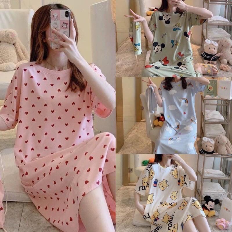 Váy ngủ, váy mặc nhà cộc tay dáng suông chất cotton mềm mát họa tiết hoạt hình dễ thương V285