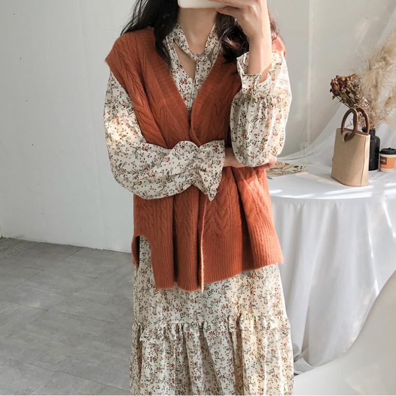 Gile Len | Áo Gile Len Dệt Kim Cổ V Dáng Rộng Ulzzang Kiểu Dáng Trẻ Trung, Hàng Quảng Châu