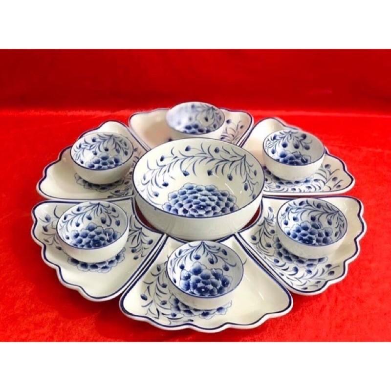 Bộ bát đĩa hoa mặt trời 15 món, họa tiết vẽ thủ công. Gốm sứ Bát Tràng