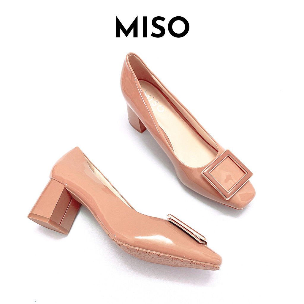 Hình ảnh Giày cao gót công sở nữ basic da bóng mũi vuông gót trụ phối khoá 7cm Miso M1013a