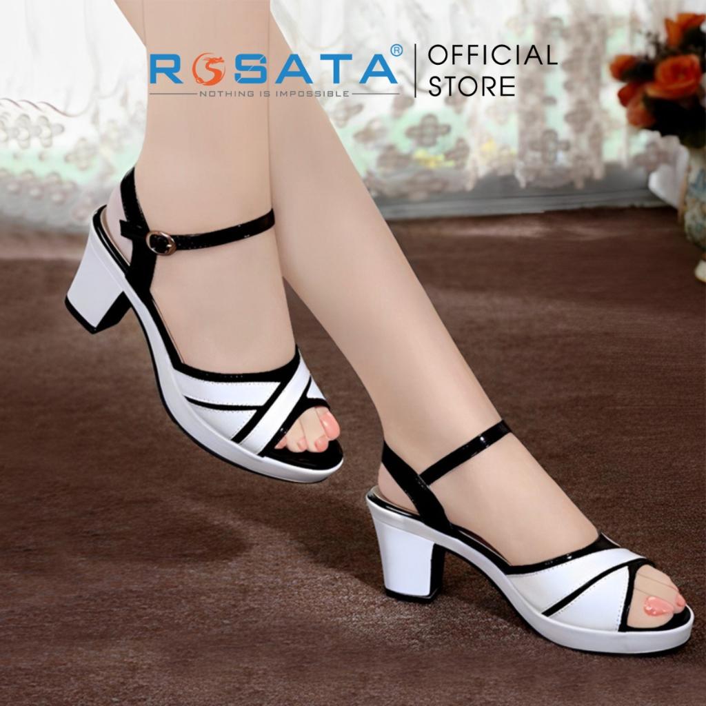 Giày sandal cao gót nữ đế vuông 6 phân mũi tròn quai hậu khóa cài ROSATA RO502 ( Bảo Hành 12 Tháng ) - TRẮNG