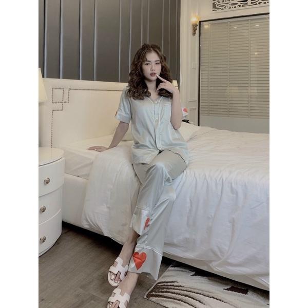 Bộ Đồ Pijama – Bộ Lụa latin viền sóng tay cộc quần dài Không Nhăn, Không Bai Giãn