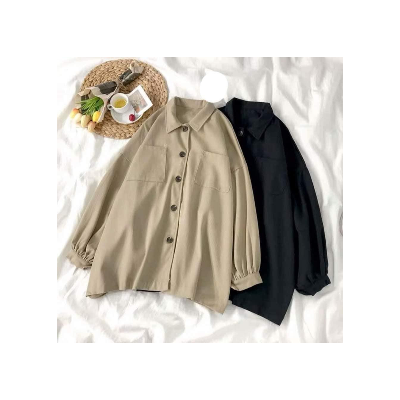 Áo Khoác Unisex KaKi Dáng Dài, Cúc Cài, Tay Trơn Phồng