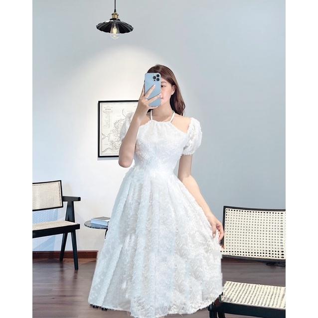 Đầm midi lông cổ yếm tay phồng