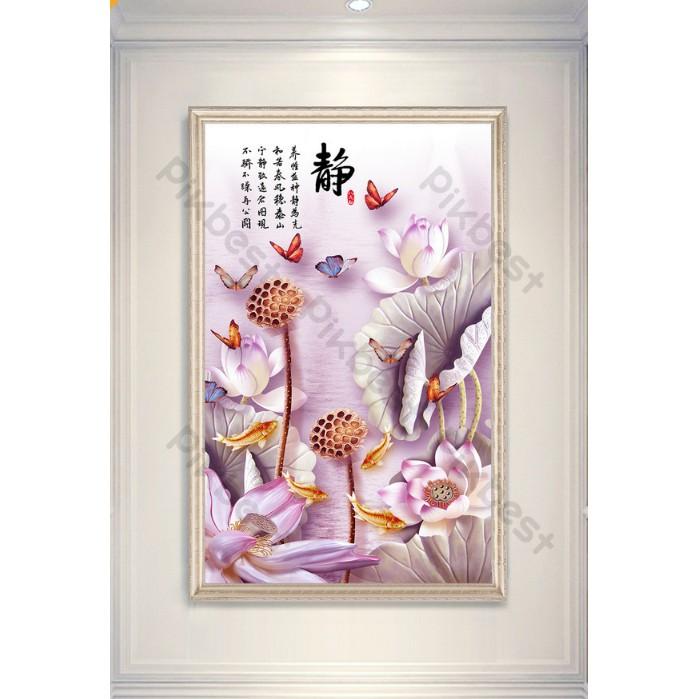 Tranh dán tường Hoa Sen Bướm Nền Tím