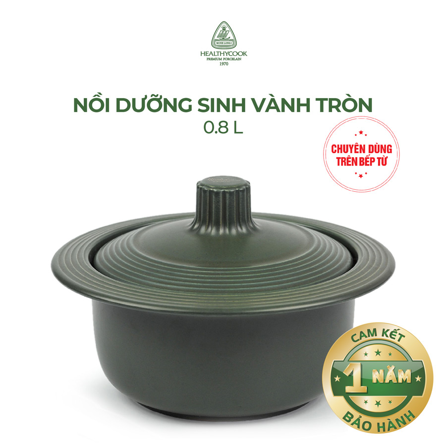 Nồi Dưỡng Sinh Vành Tròn Đáy Từ (0.8L) + Nắp Minh Long Healthycook - Xanh Rêu