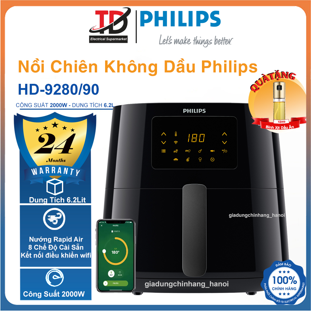 Nồi Chiên Không Dầu Điện Tử Philips Hd928090 - 6.2Lit2000W - Hàng Chính Hãng - Hd9280 - Wifi