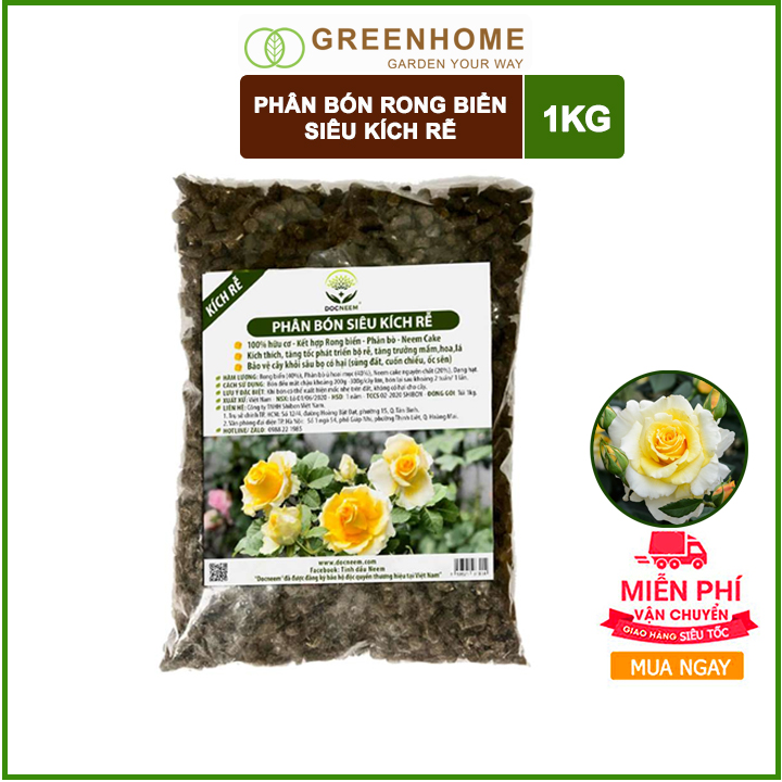 Phân bón hữu cơ rong biển DOCNEEM túi 1kg, kết hợp neem cake kích rễ mầm lá, cho Hoa hồng, phong lan, cây cảnh, rau sạch