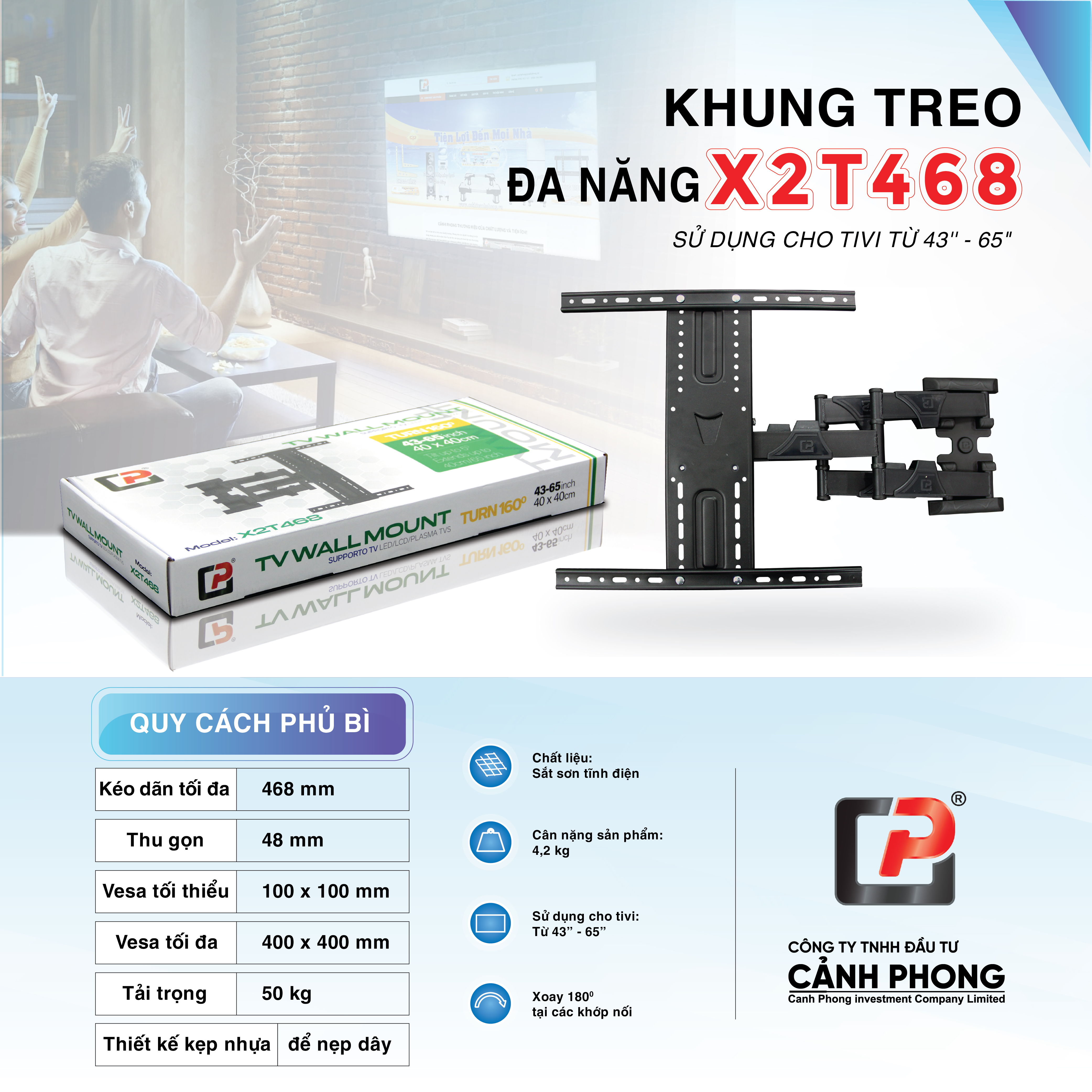 Khung treo tivi đa năng Cảnh Phong X2T468 kích thước từ 43-65 inch - Hàng chính hãng