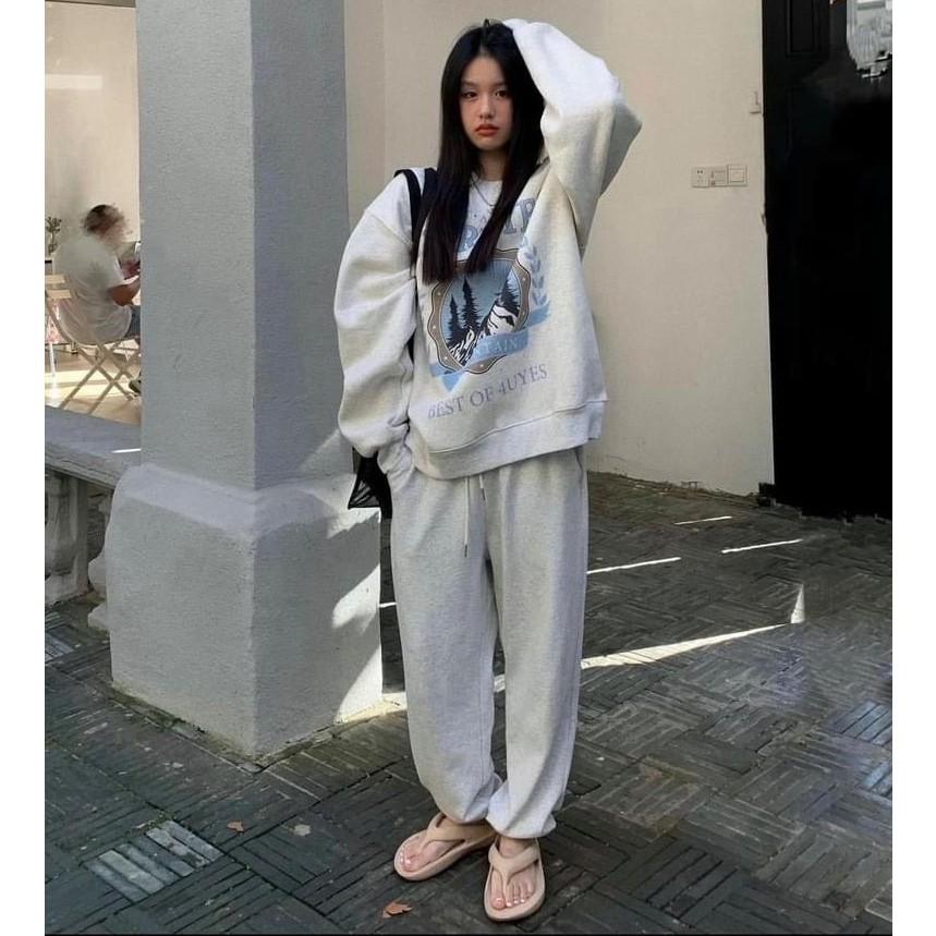 Set Bộ Nỉ Ngoại Sweater Kèm Quần Jogger Set Bộ Dài Tay Kèm Quần Jogger Dáng Rộng Siêu Xinh Màu Xám Mountain