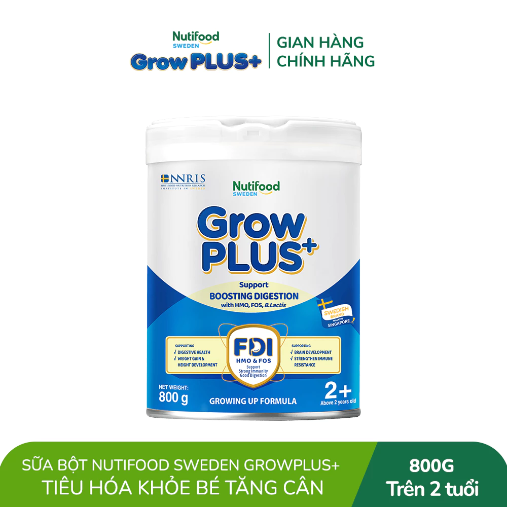 Sữa bột Nutifood Sweden GrowPLUS+ Tiêu Hóa (Xanh Nhạt) 2+ - Tiêu hóa khỏe, tăng cân (Lon 800g)