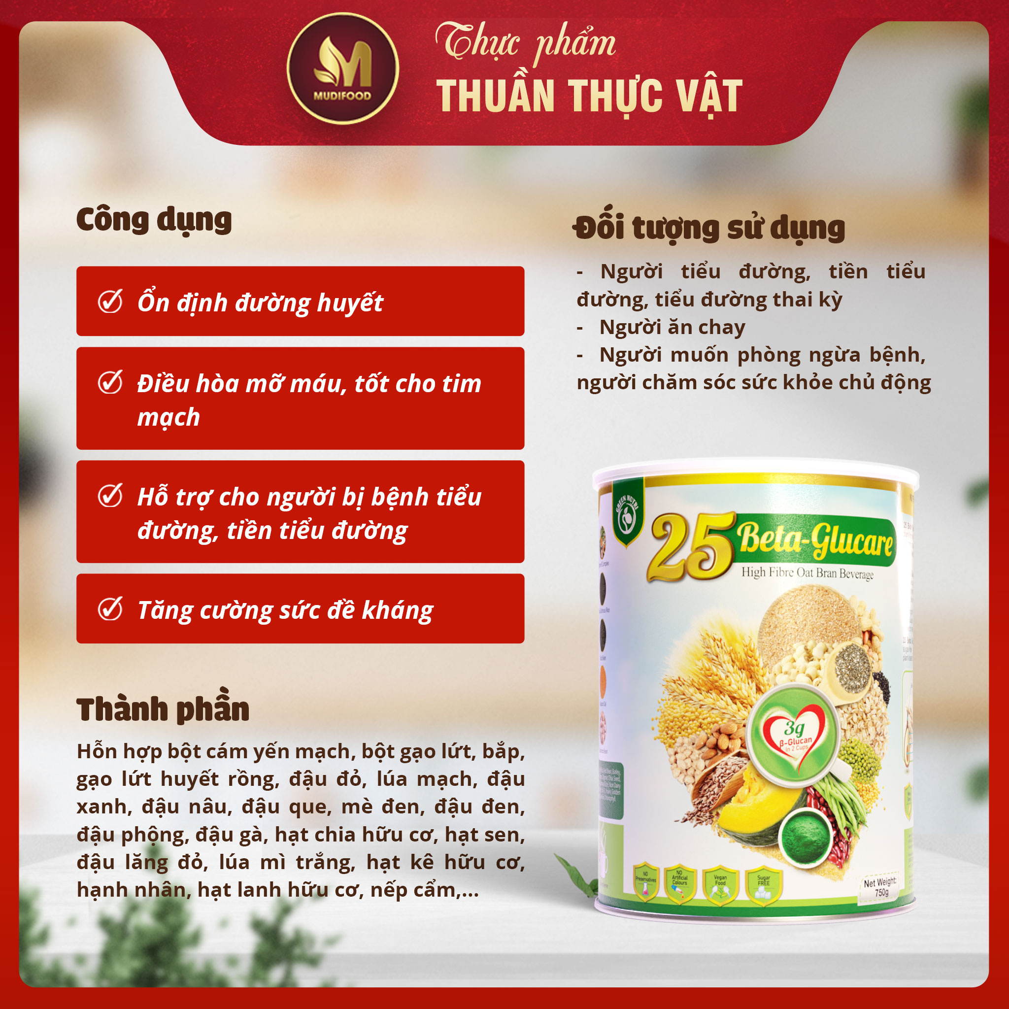 Sữa Hạt Ngũ Cốc 25 Beta Glucare Thuần Chay - Bổ Sung Dinh Dưỡng, Hỗ Trợ Tiêu Hóa, Tăng Cường Đề Kháng Cho Người Cao Tuổi, Người Tiểu Đường, Ăn Chay, Ăn Kiêng - Lon 750g