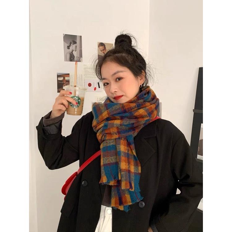 Khăn Len Quàng Cổ Nam Nữ Khăn Len Đôi Quàng Cổ Tặng Quà Noel Khăn Len Quàng Cổ Nam Nữ Khăn Kẻ Caro Vintage Cam