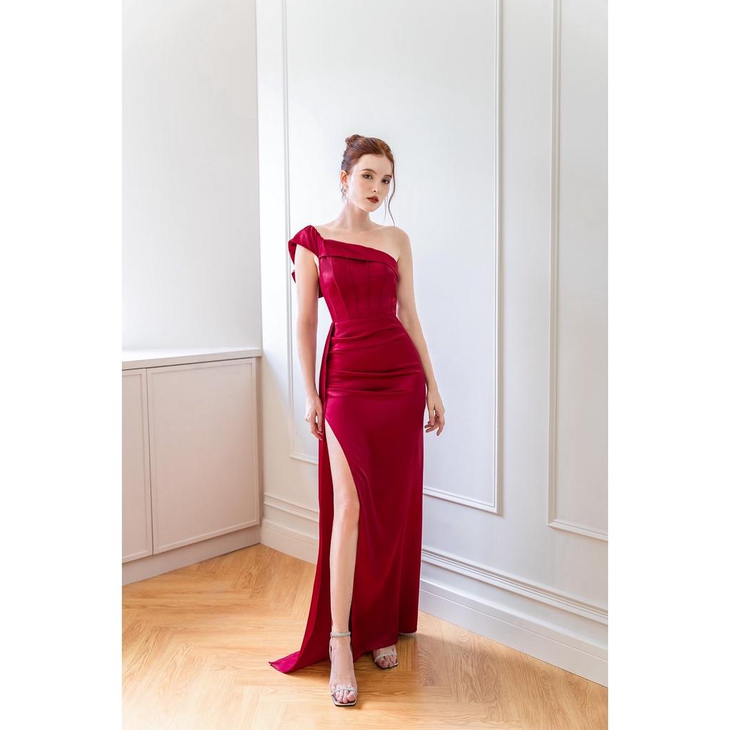 STORY Đầm Scarlett dự tiệc chéo vai sang trọng xẻ tà lụa satin cao cấp thời trang nữ Story.clothes