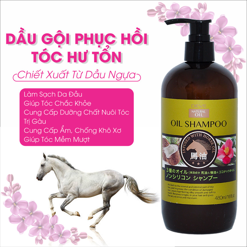 Dầu Gội Đầu Phục Hồi Tóc Yếu Dễ Gãy Rụng Chiết Xuất Tinh Dầu Ngựa Deve Natural Oil Shampoo (Chai 480mL)