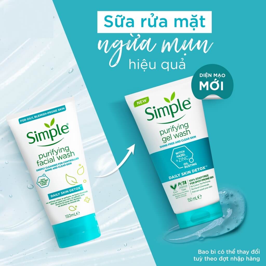 Combo Sữa rửa mặt Simple giúp kiềm dầu và ngừa mụn hiệu quả - cho da mụn nhạy cảm 150ml + Nước hoa hồng Simple 200ML