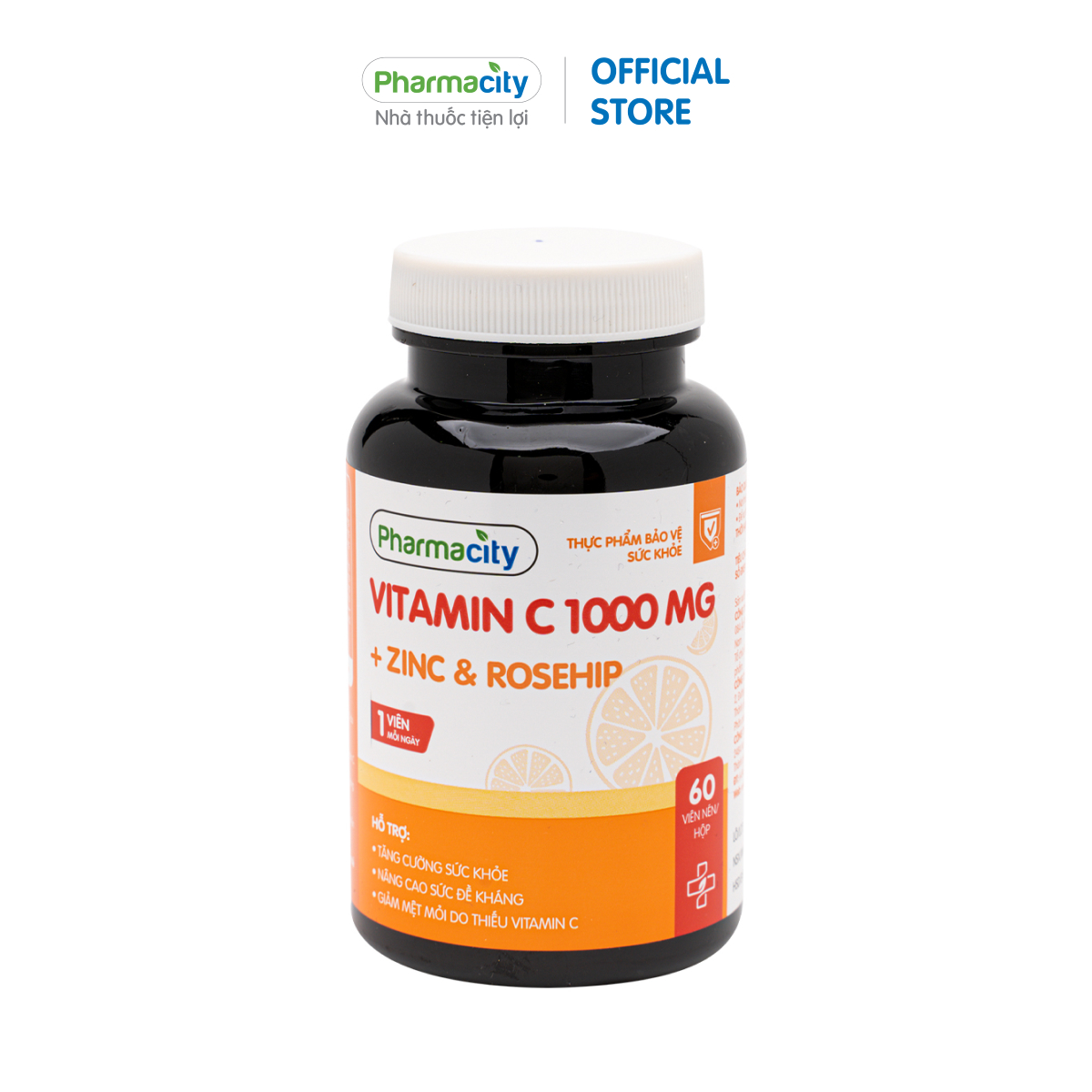 Viên hỗ trợ đề kháng, giảm mệt mỏi Pharmacity Vitamin C 1000mg + Zinc & Rosehip (Chai 60 viên)