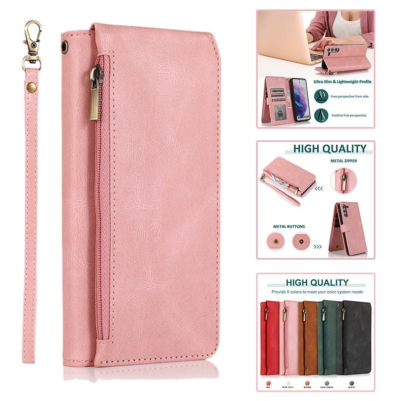 Bao da điện thoại kiểu ví gập nam châm có dây khóa kéo cho Samsung A11 A21S A31 A51 A71 A81 A91 Note10 S10 Lite