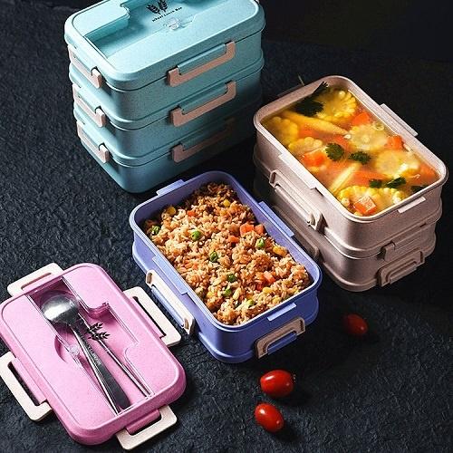 Hộp Đựng Cơm Lúa Mạch 3 Ngăn Kèm Đũa Thìa Inox Cao Cấp